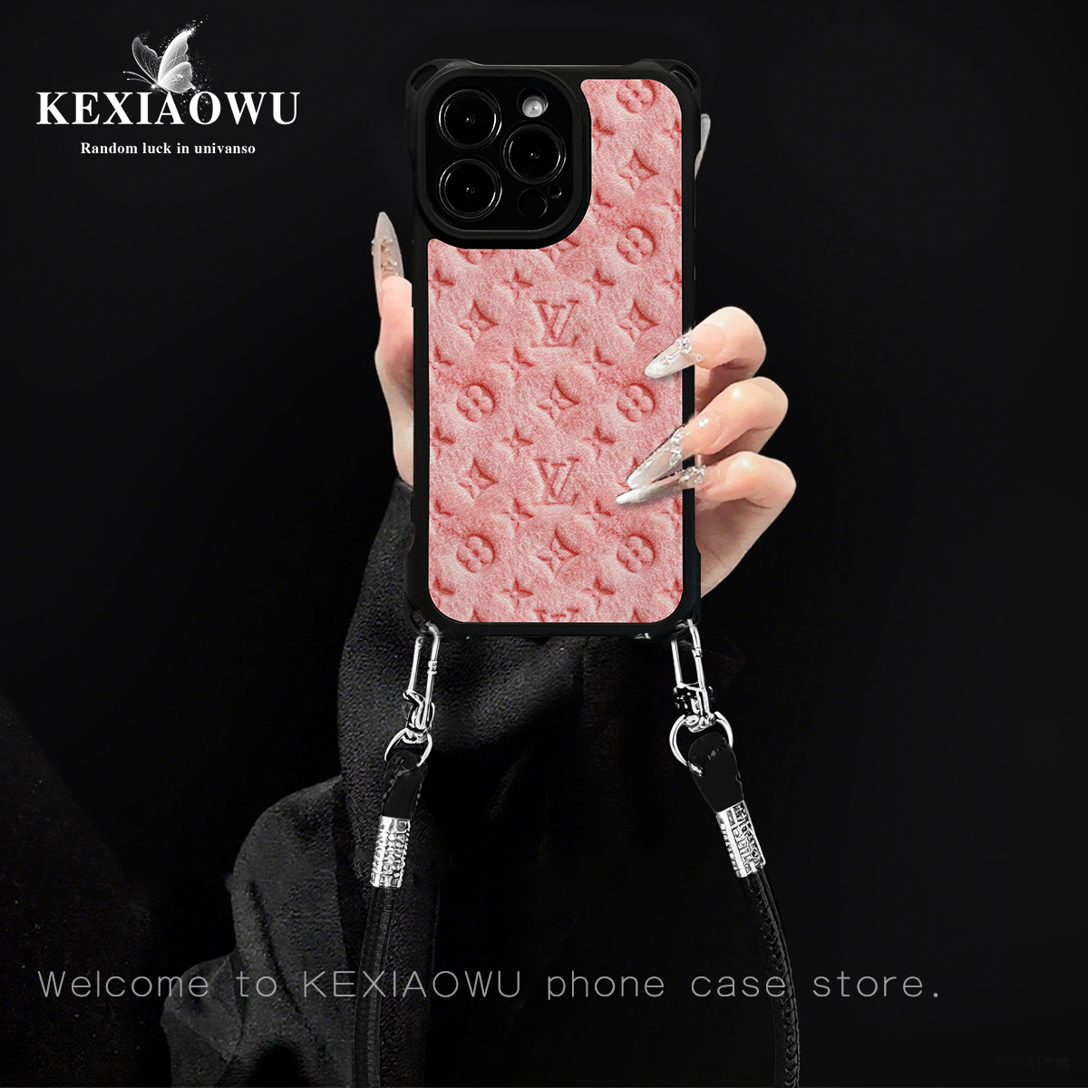 粉红老花四角挂绳羊皮手绳壳适用苹果17PRO华为VIVO/OPPO手机