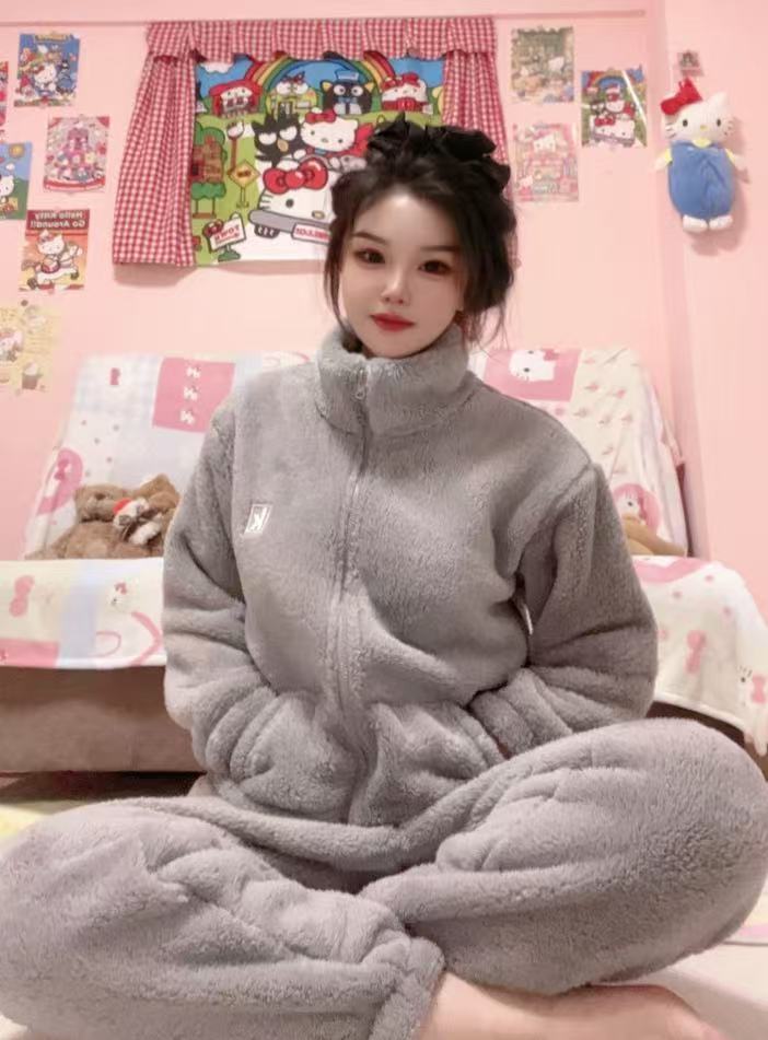 冬季成人青瓦灰色睡衣家居服套装时尚加厚秋冬女士