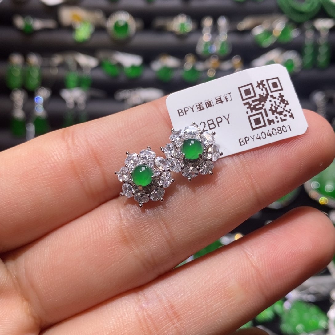 翡翠耳饰银S925镶嵌天然翡翠