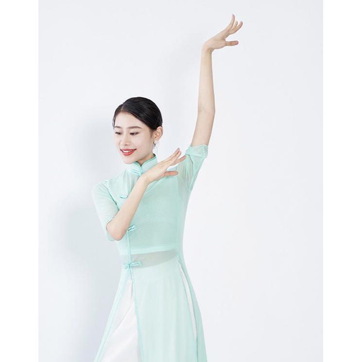 纯色舞蹈禅服改良网纱奥黛旗袍练功服中国风舞台团体演出服套装