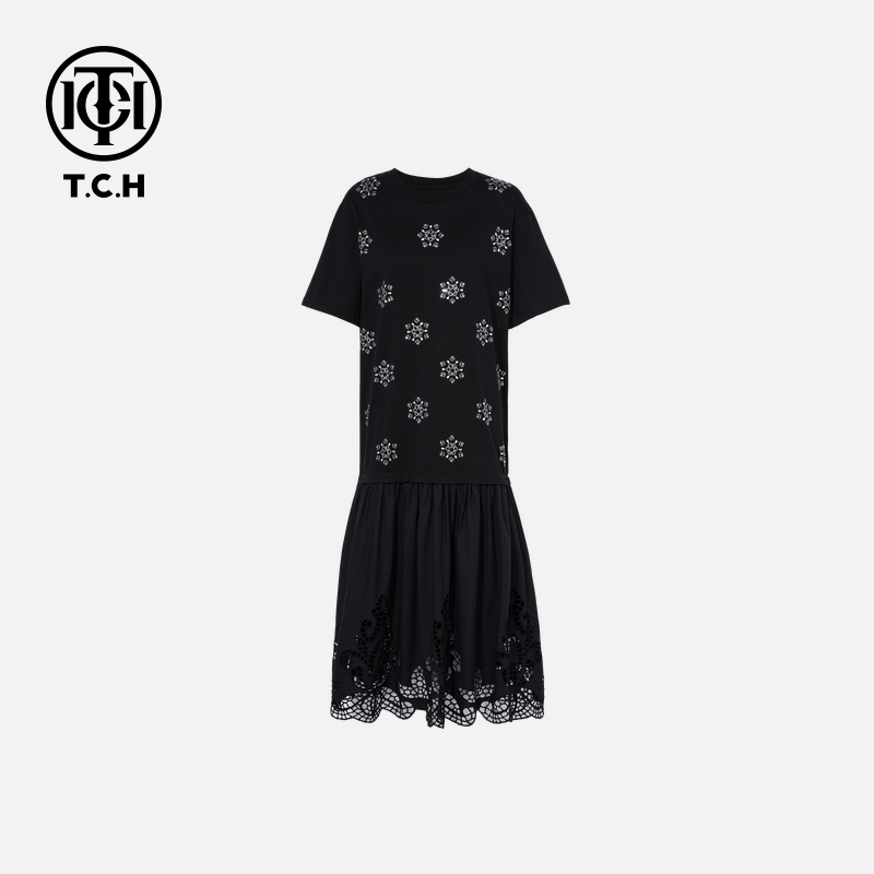 TCH轻奢烫钻工艺时尚休闲百搭舒适连衣裙女T75B30E1018私服tch
