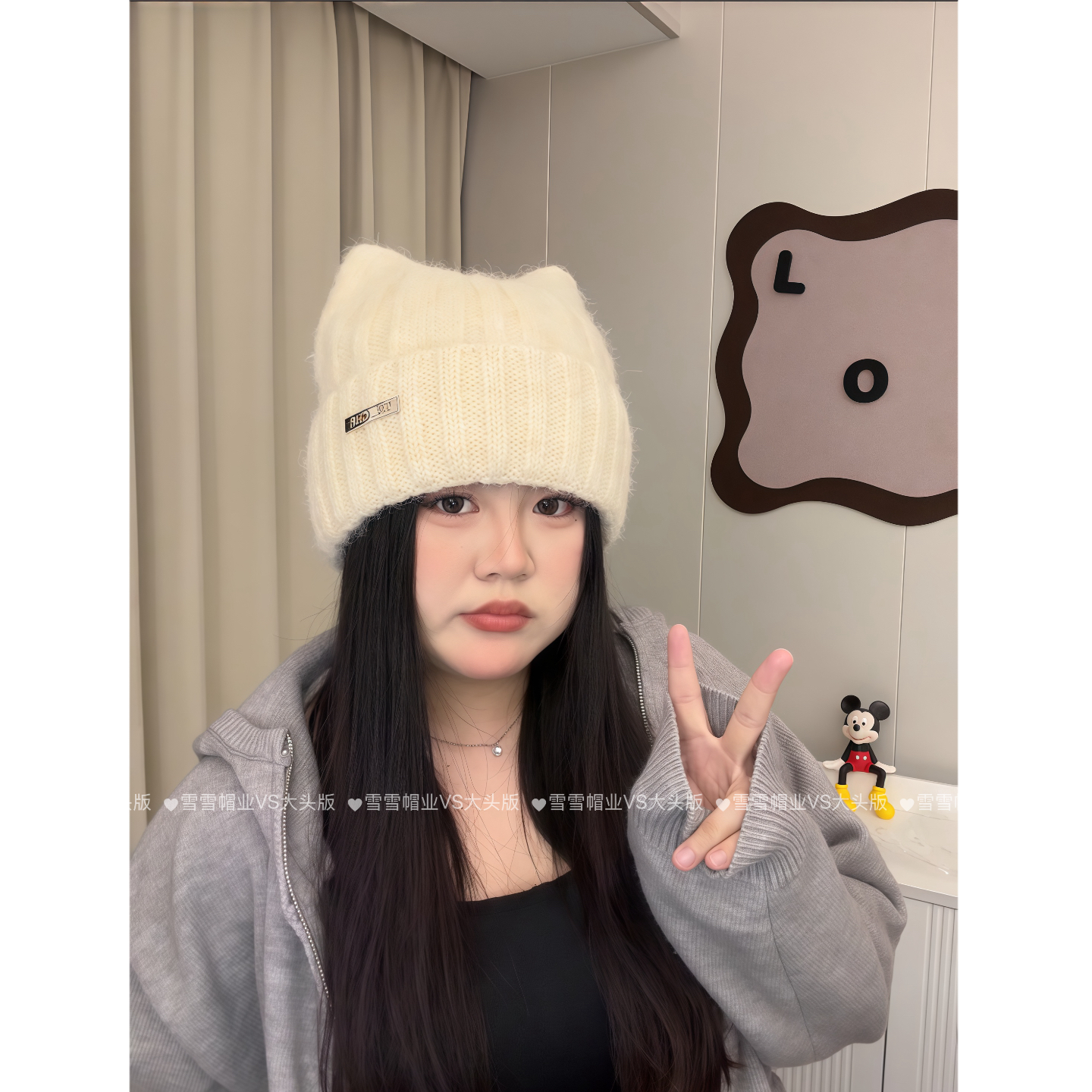 雪雪家可爱猫耳朵毛线帽子女秋冬包头保暖护耳毛绒冷帽针织帽子