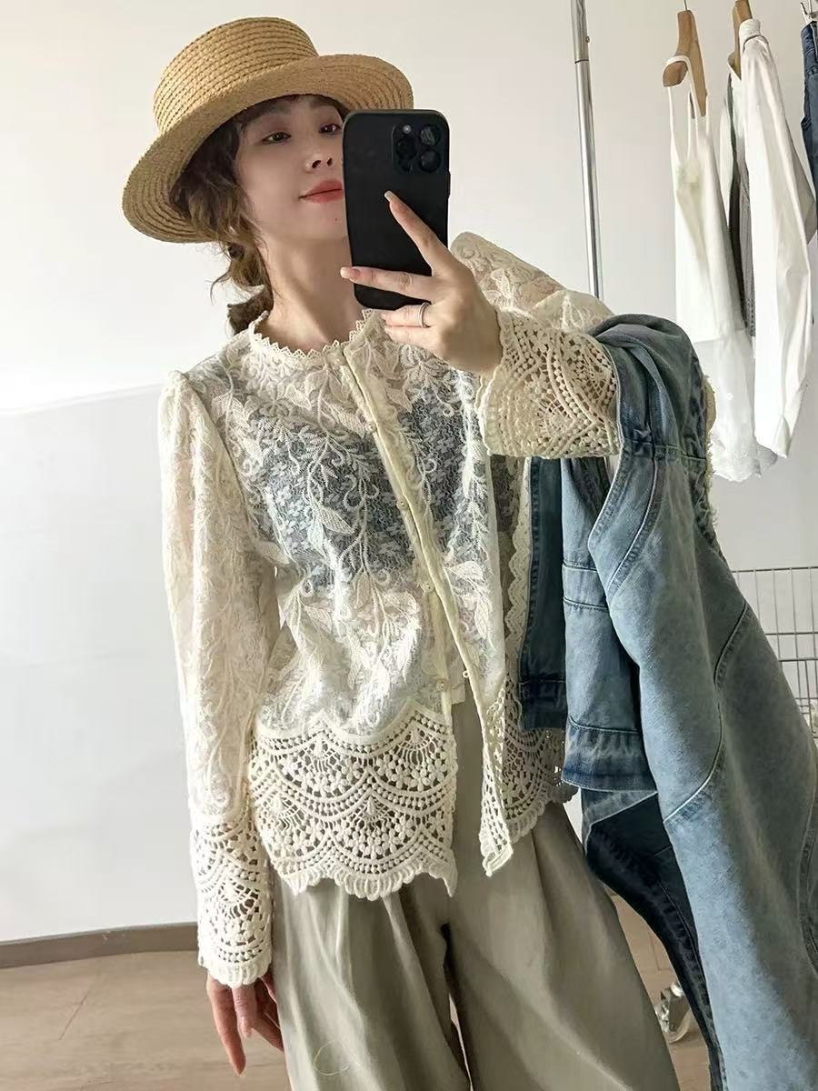 欧货钩花缕空蕾丝长袖衬衫女2025春季新款时髦百搭洋气上衣9611