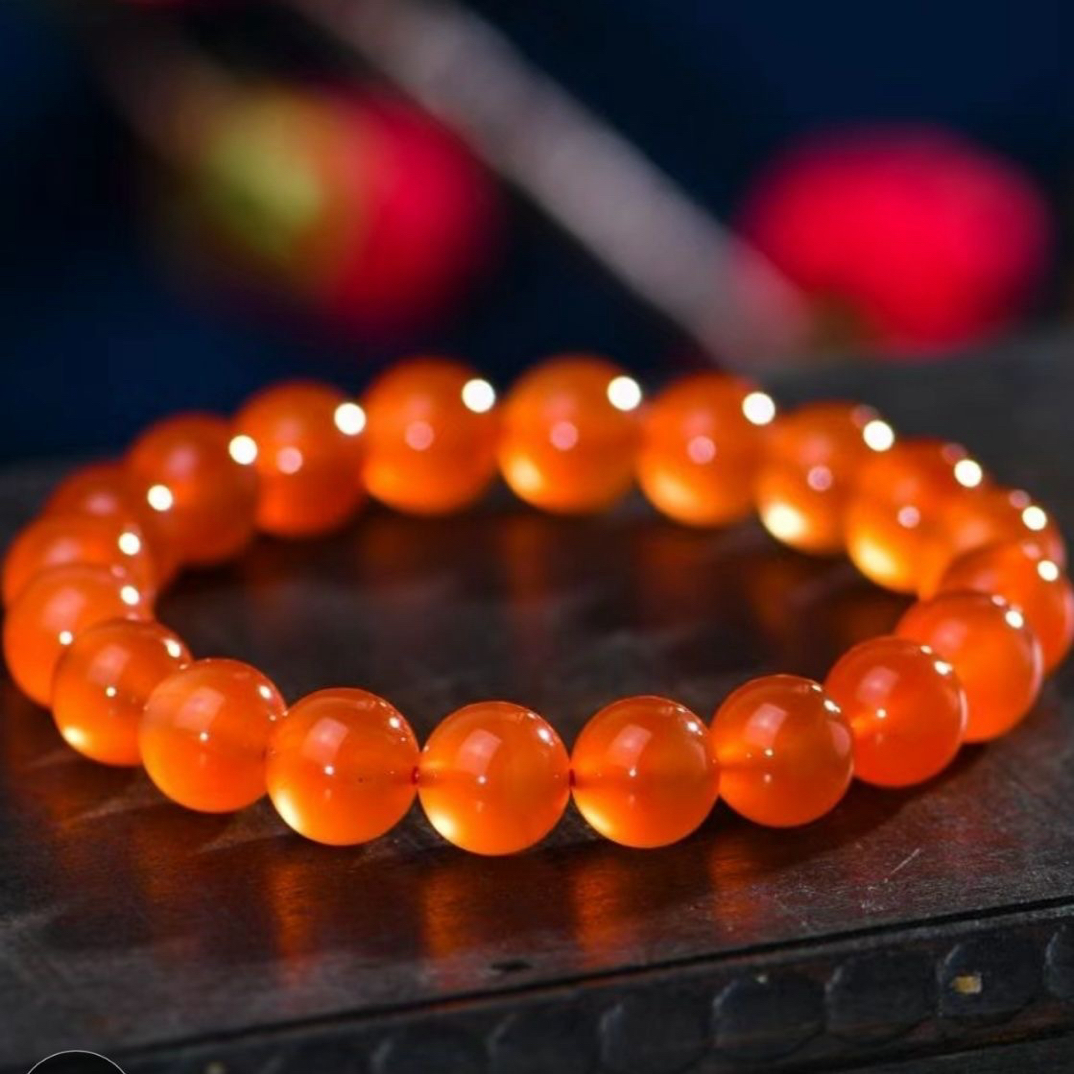 天然冰红锦鲤色玛瑙手链巴西玉髓红玛瑙手串马到橙工手串男女礼品
