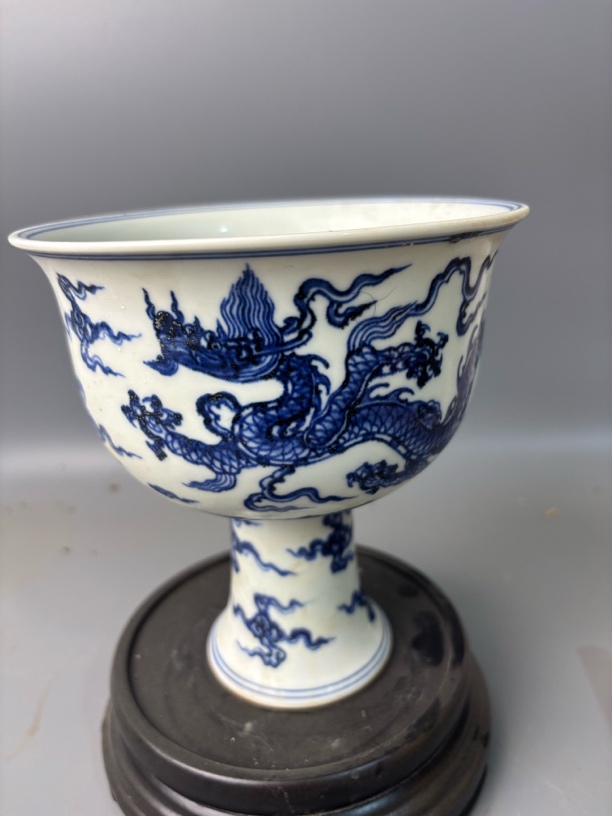 景德镇柴窑青花手绘龙纹苏麻离青料高足杯碗品茗杯
