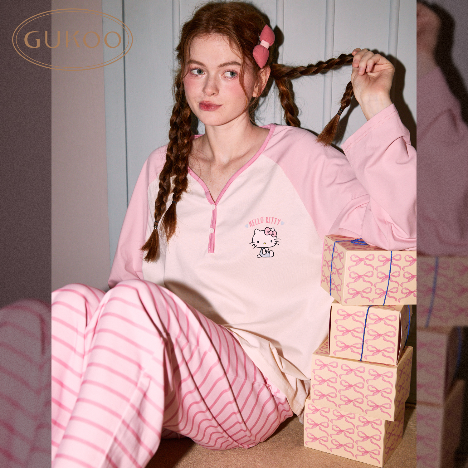【Gukoo果壳】HelloKitty联名春季新款长袖睡衣甜美可爱家居服套装
