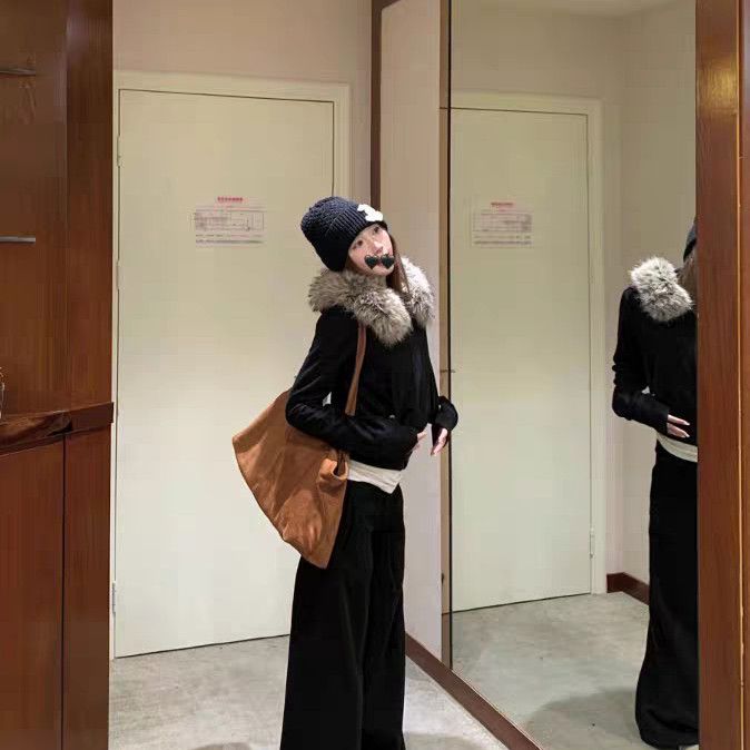 慵懒休闲运动套装女冬季2025新款毛领拉链卫衣外套阔腿卫裤两件套