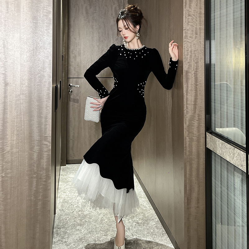 NaiAn/奈安 赫本风钉珠礼服连衣裙修身显瘦优雅气质鱼尾裙21630