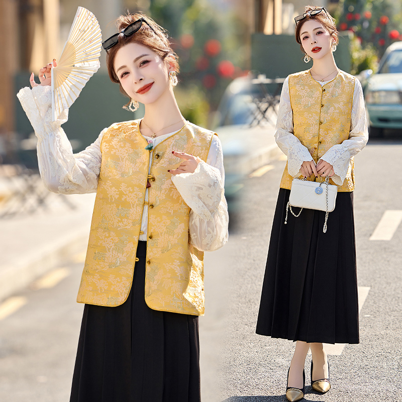 套装春秋显瘦气质时尚复古中式中国风秋季2025新款马甲提花民族风