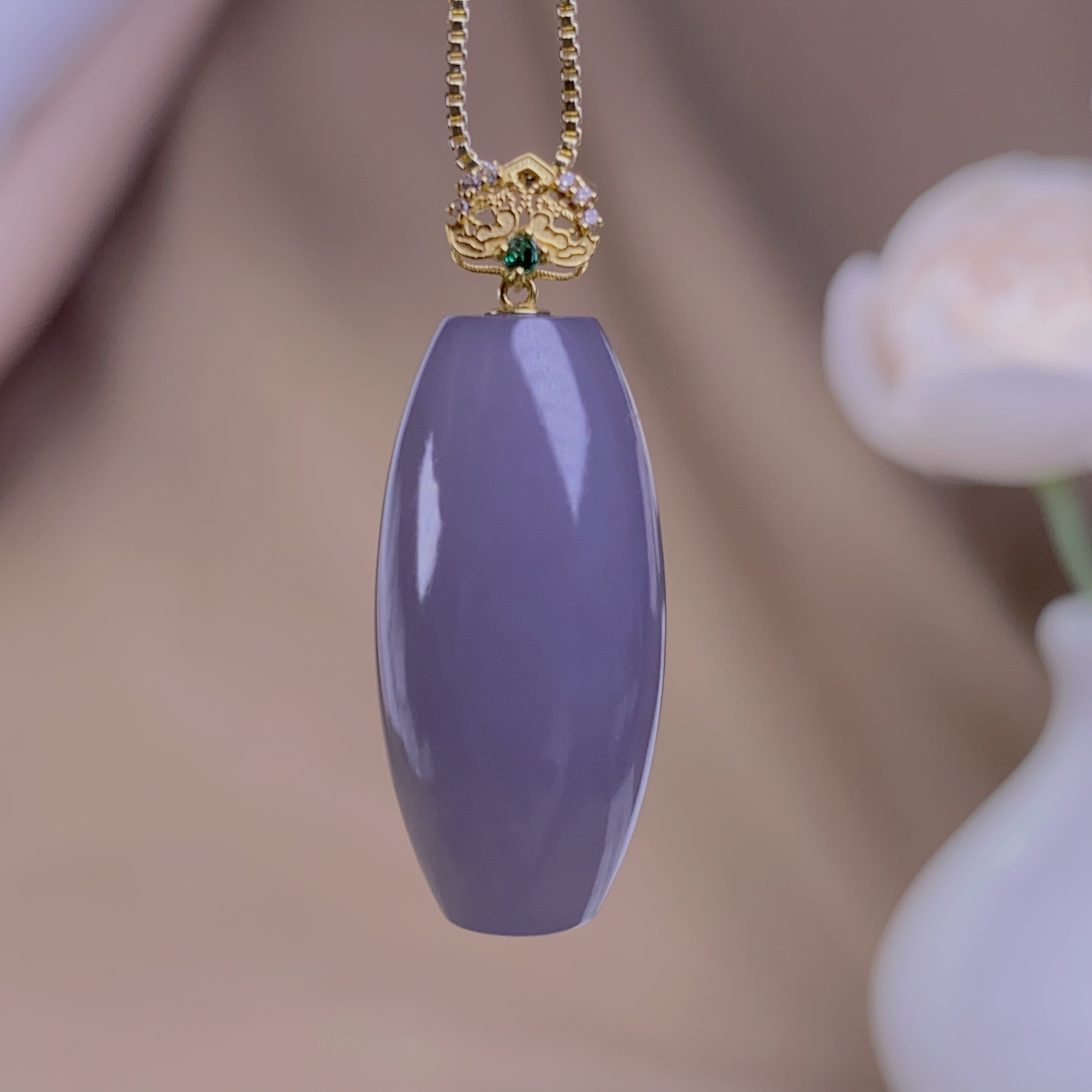 天然和田玉青海料冰烟紫18K金扣勒子乐子桶珠吊坠挂件气质女@0106