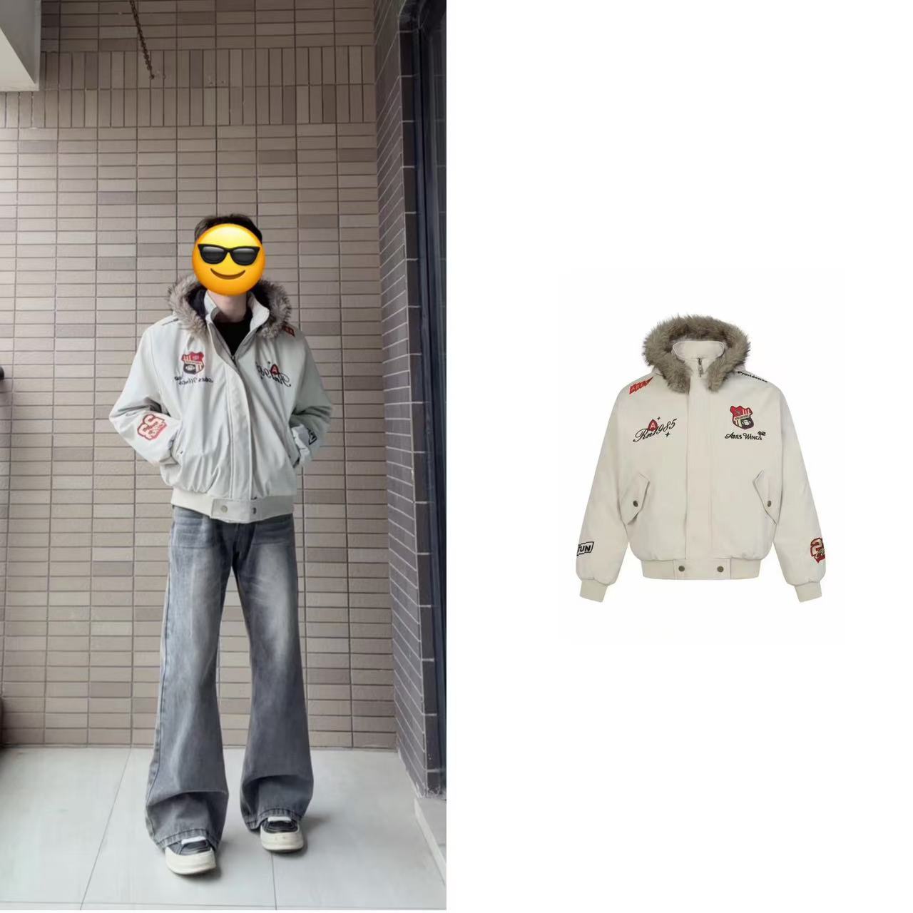 ACOK美式复古夹克男女秋冬刺绣字母保暖宽松短款可拆卸上衣