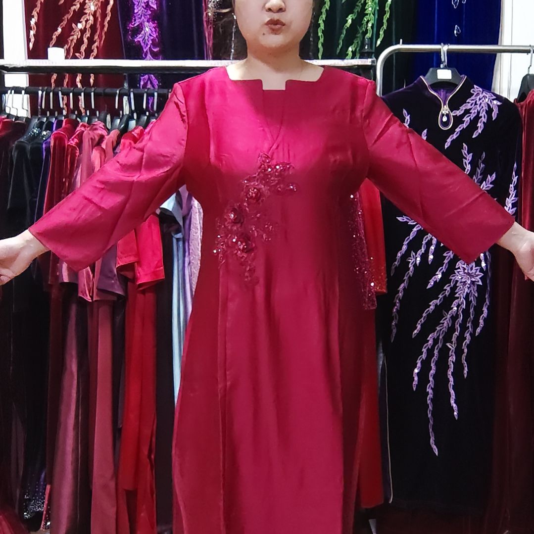 品牌枣红色中长前开叉连衣裙4XL120-135内