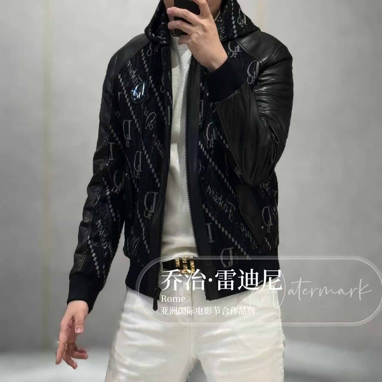 【乔治雷迪尼】高端连帽可拆卸羊毛混纺真皮拼接羽绒服25B121