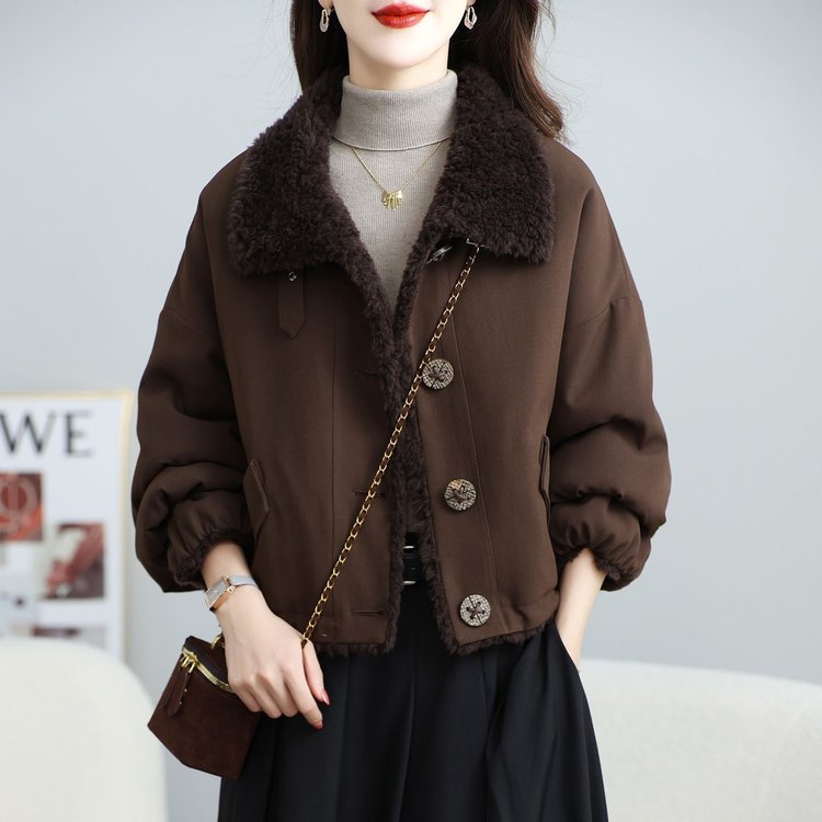 新款两面穿皮毛一体保暖女短外套时尚翻领复古韩版宽松秋冬百搭