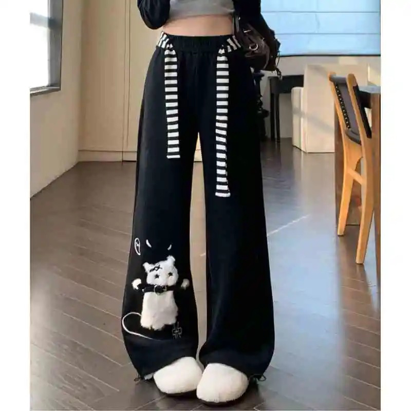 大码胖MM慵懒风秋冬加绒猫咪刺绣阔腿休闲裤女宽松加厚黑色阔腿裤