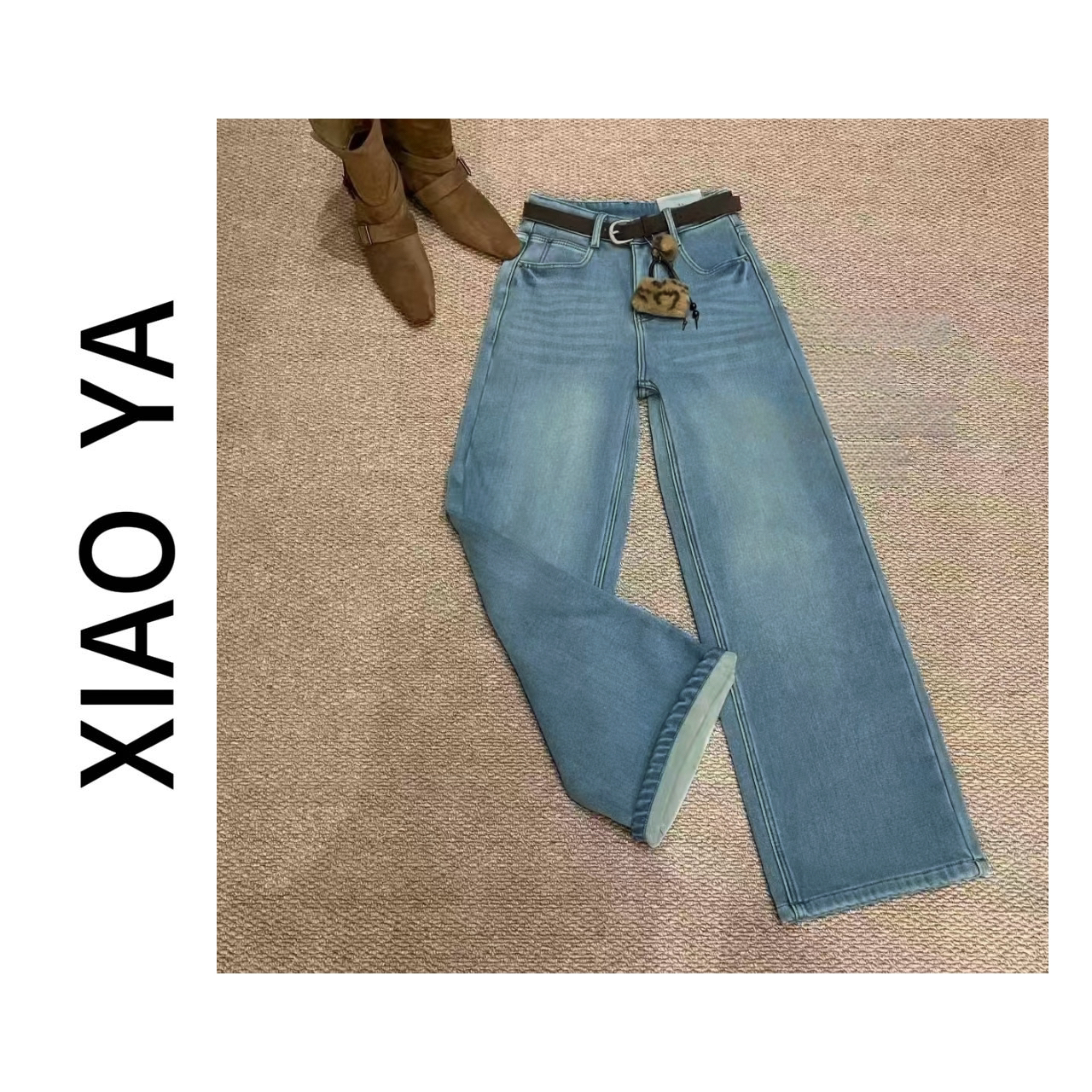 66328冬款包包挂件浅色加厚复合绒水洗牛仔窄版阔腿裤（裤长100）