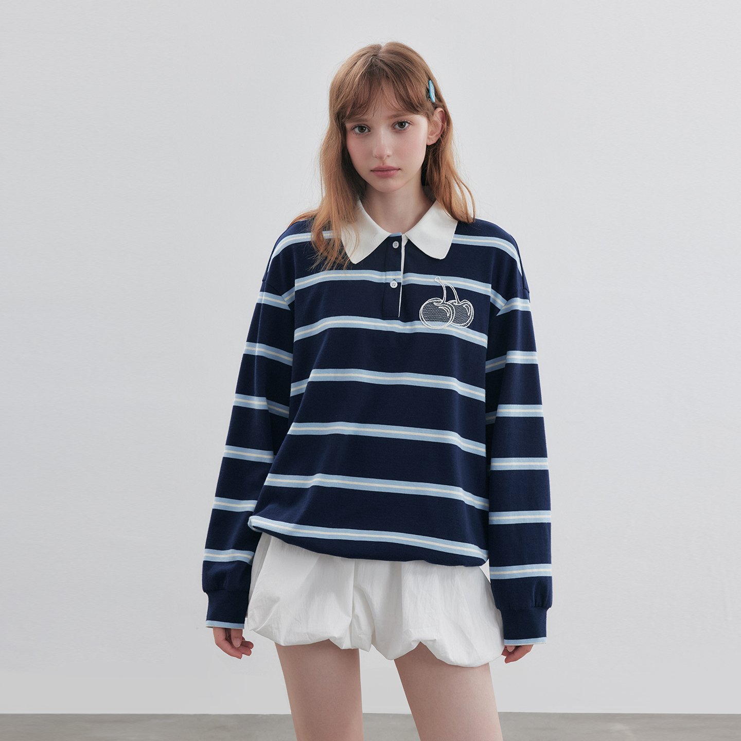 樱桃KIRSH 韩系撞色条纹长袖polo衫2025新款刺绣少女甜美长袖上衣