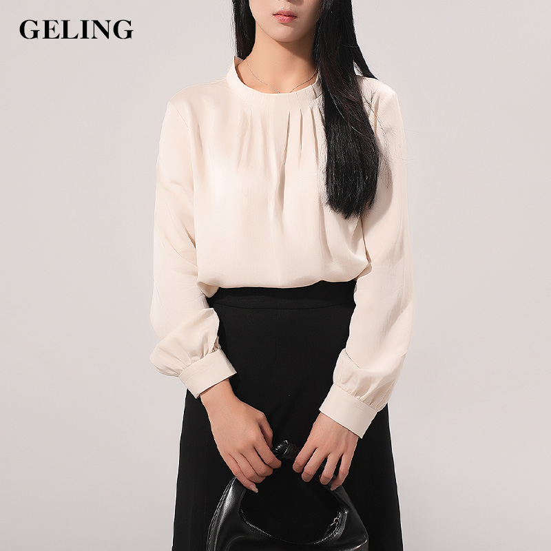 GELING/歌&玲时尚气质圆领天丝缎立领压褶长袖裙子衬衫G512X65C