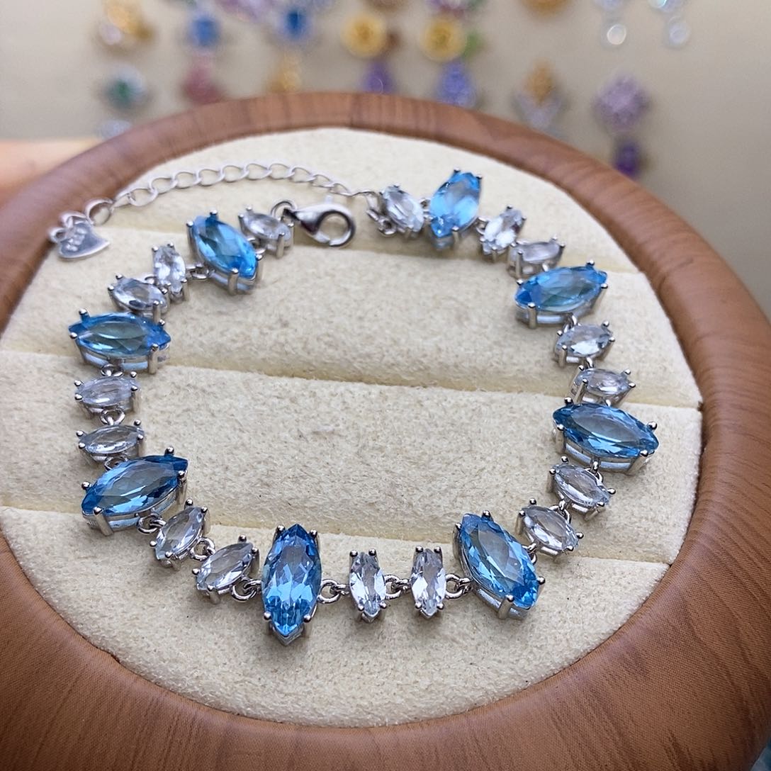 银S925镶嵌托帕石手链多宝海蓝宝一物一证