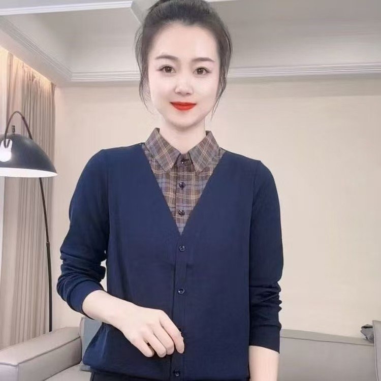 妈妈春季新款翻领长袖领假衬衫条纹时尚显瘦上衣