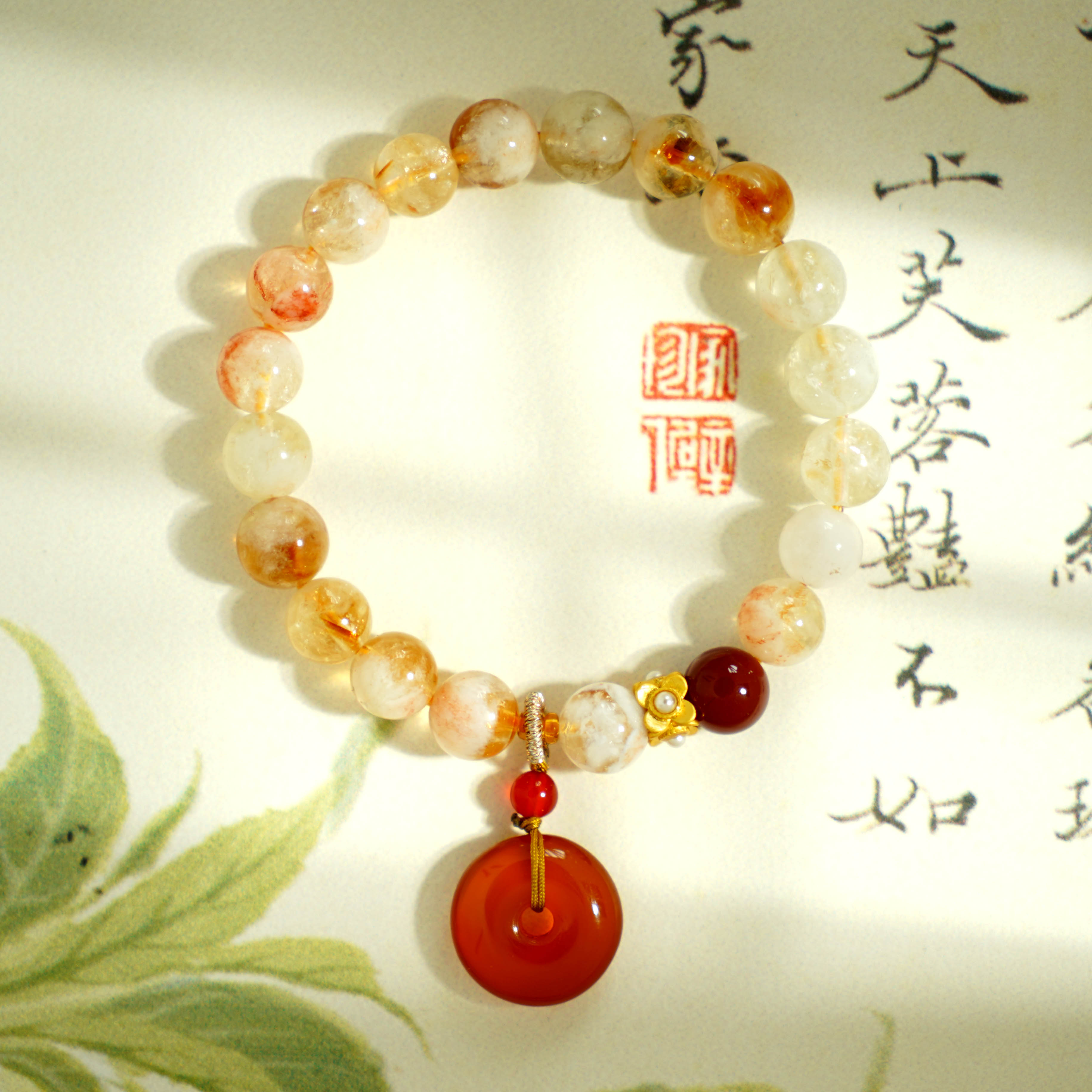 天然黄水晶配南红隔珠玉髓平安扣手链 多样性发一 14232