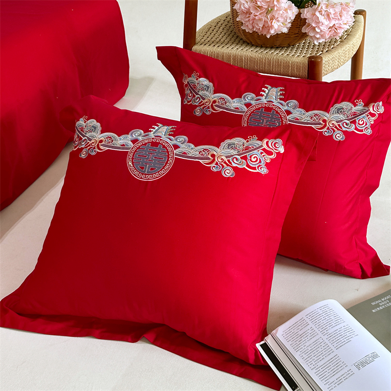 【靠枕套】中式大红色婚庆双喜刺绣靠枕套婚房床上用品