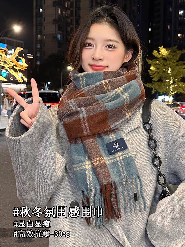新经典格子围巾女冬季韩系双面格纹流苏百搭保暖披肩情侣学生围脖