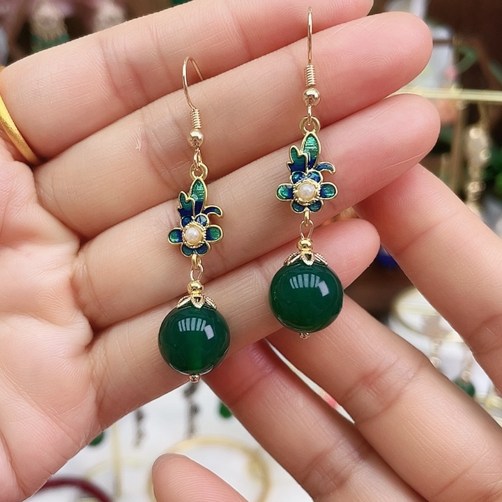 玛瑙/玉髓耳钉合金12绿玛瑙珐琅小花