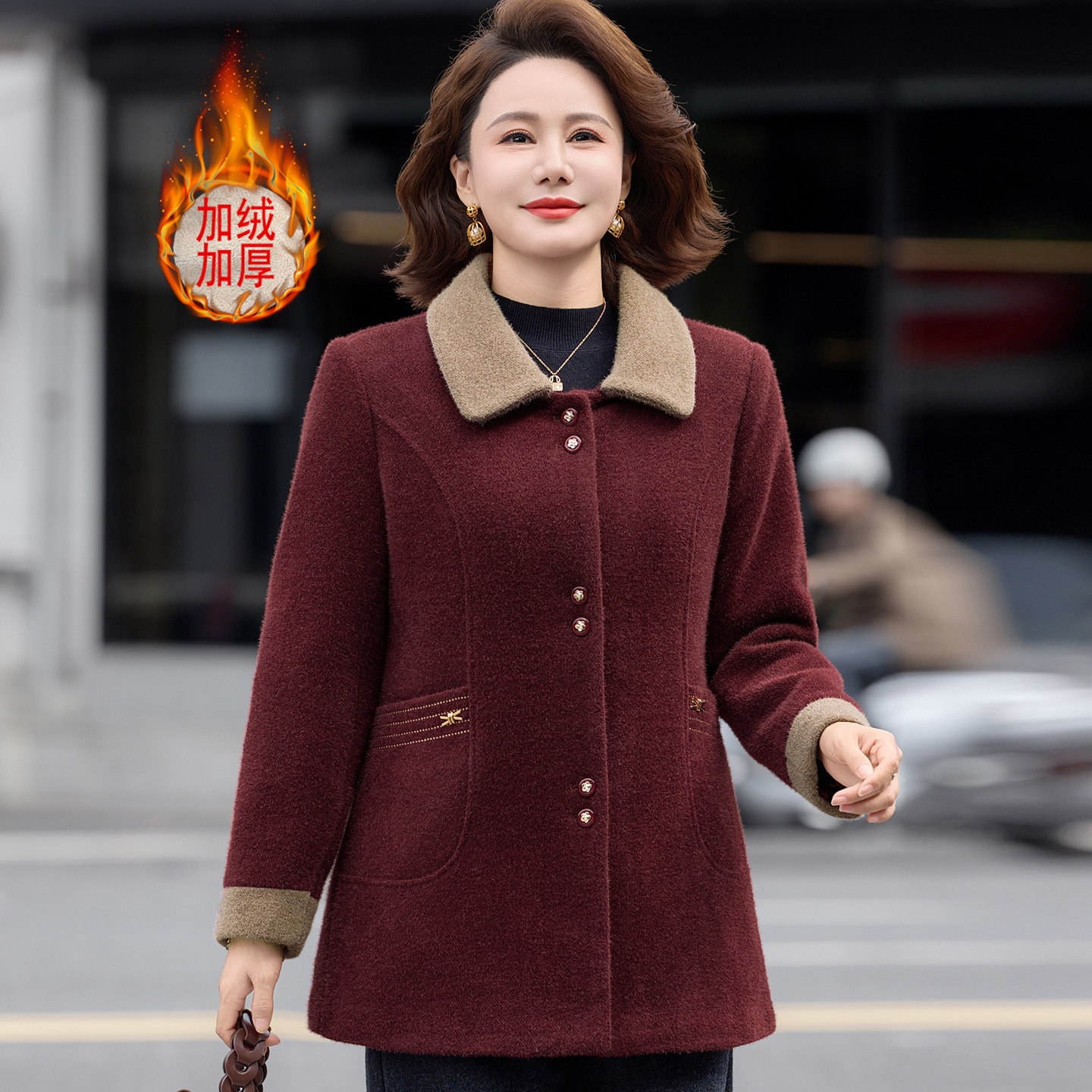 气质妈妈冬装加绒加厚仿水貂绒毛呢外套时尚中老年女翻领棉袄上衣