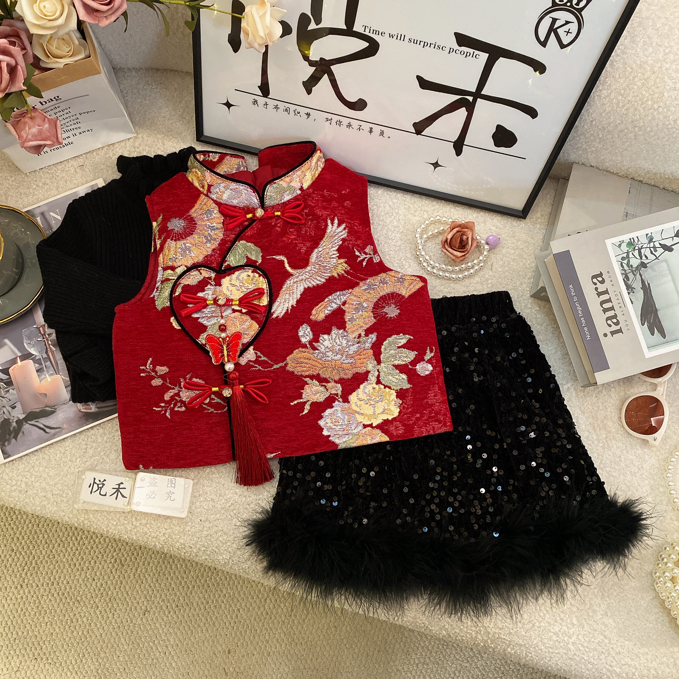 T2【悦禾】萌娃冬装拜年服款加厚女童马甲暖冬国风加绒套装60126