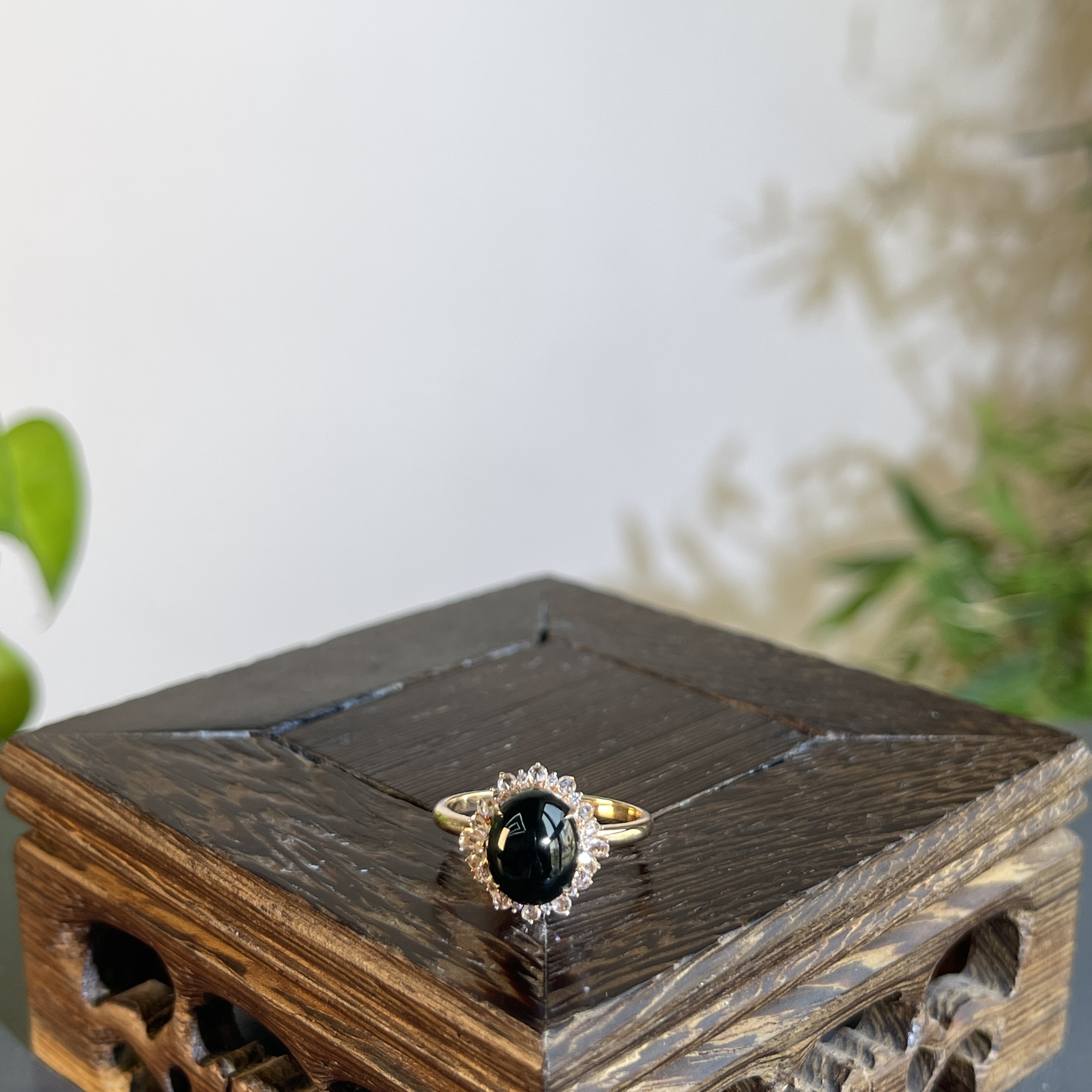 JTB25-192 黑色天然翡翠A货 黑-18K含钻镶嵌蛋面戒指14#