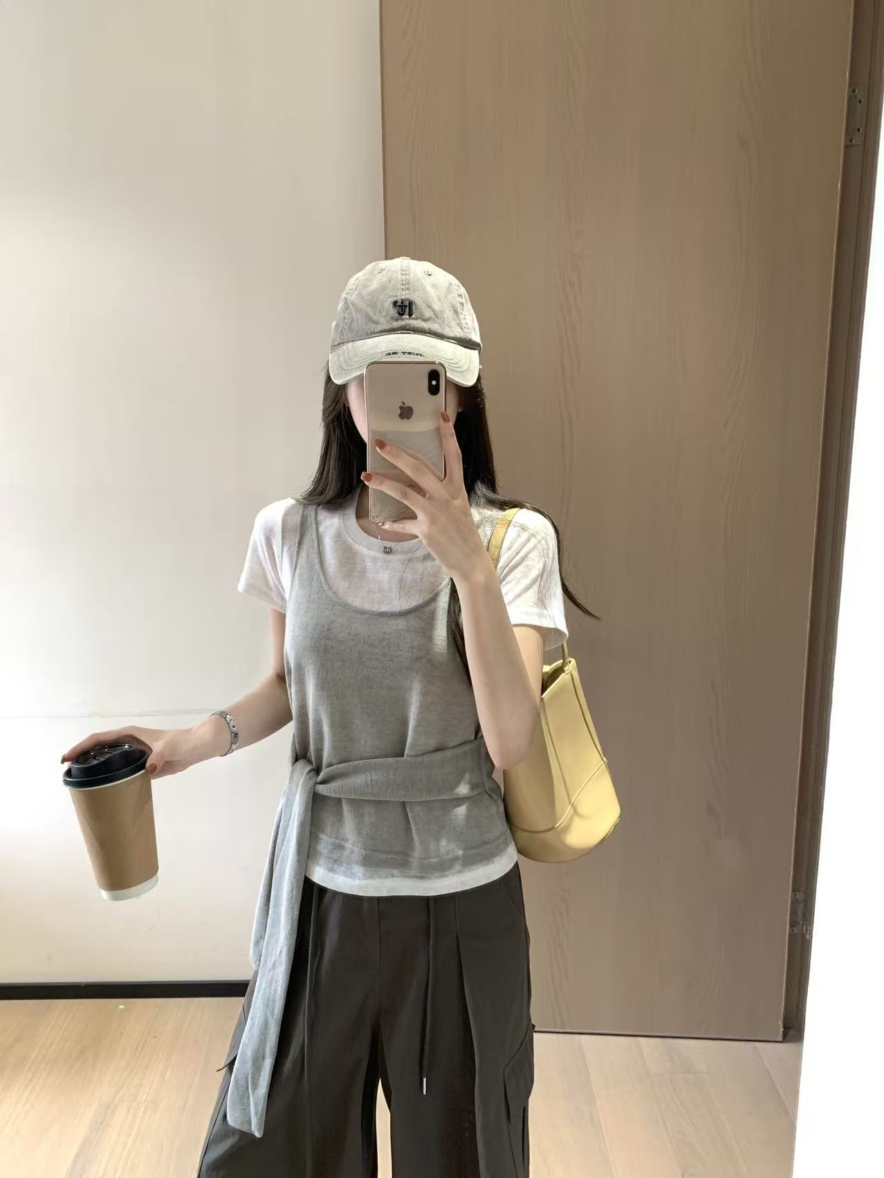 韩11韩系叠穿感两件套女绑带收腰显瘦背心简约百搭圆领T恤套装夏