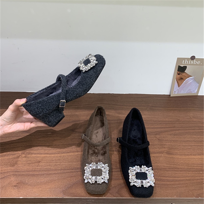 小香风加绒粗跟玛丽珍鞋女2025冬季方头水钻毛呢中跟保暖晚晚棉鞋