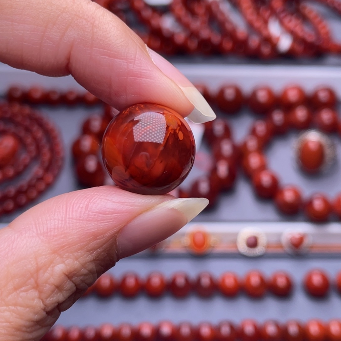 牛***牛南红玛瑙未镶嵌配珠16.3mm瓦西柿子牛血火焰单珠