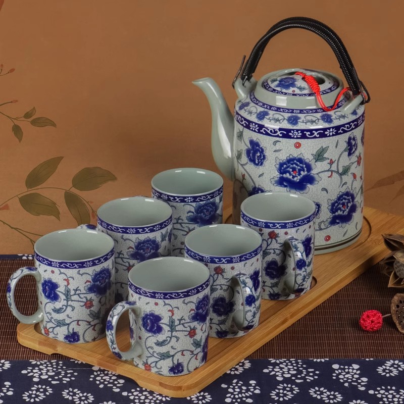 虎匠景德镇陶瓷茶壶复古青花瓷家用大容量泡茶水壶老式提梁壶套装