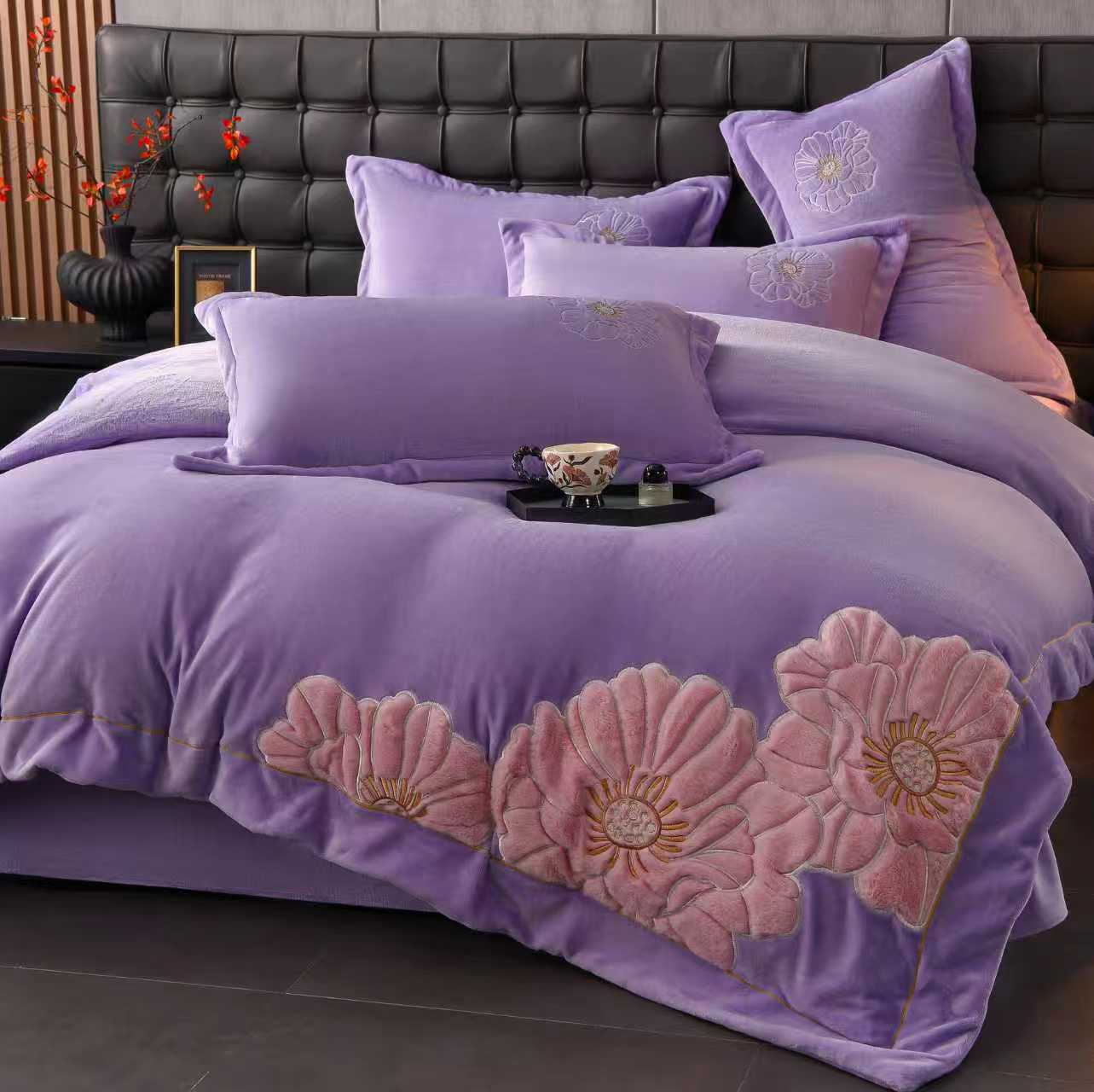 【绽放紫】加厚贴布绣花四件套婴肤绒牛奶绒被套柔软被罩床单枕套