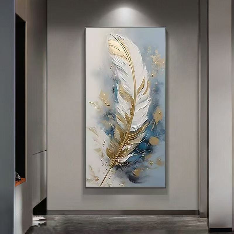 手绘油画羽毛玄关装饰画现代轻奢高档北欧风挂画过道走廊尽头壁画