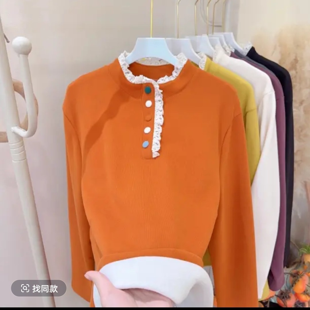 秋冬季彩虹扣蕾丝拼接显瘦打底上衣宝宝绒保暖卫衣长袖T恤双面绒