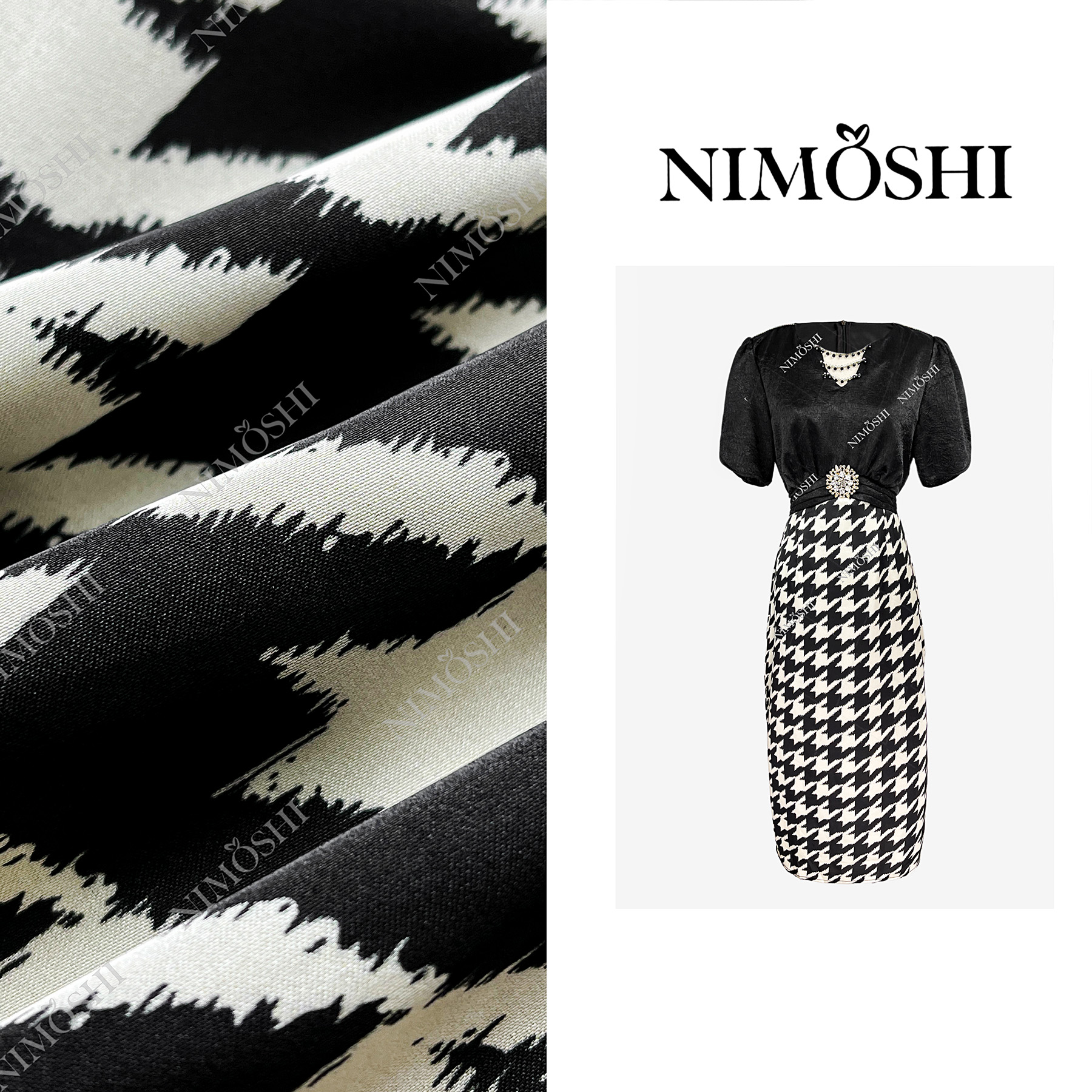 NIMOSHI【倩倩】法式轻奢复古拼接印花连衣裙夏季新款显瘦气质Q1904