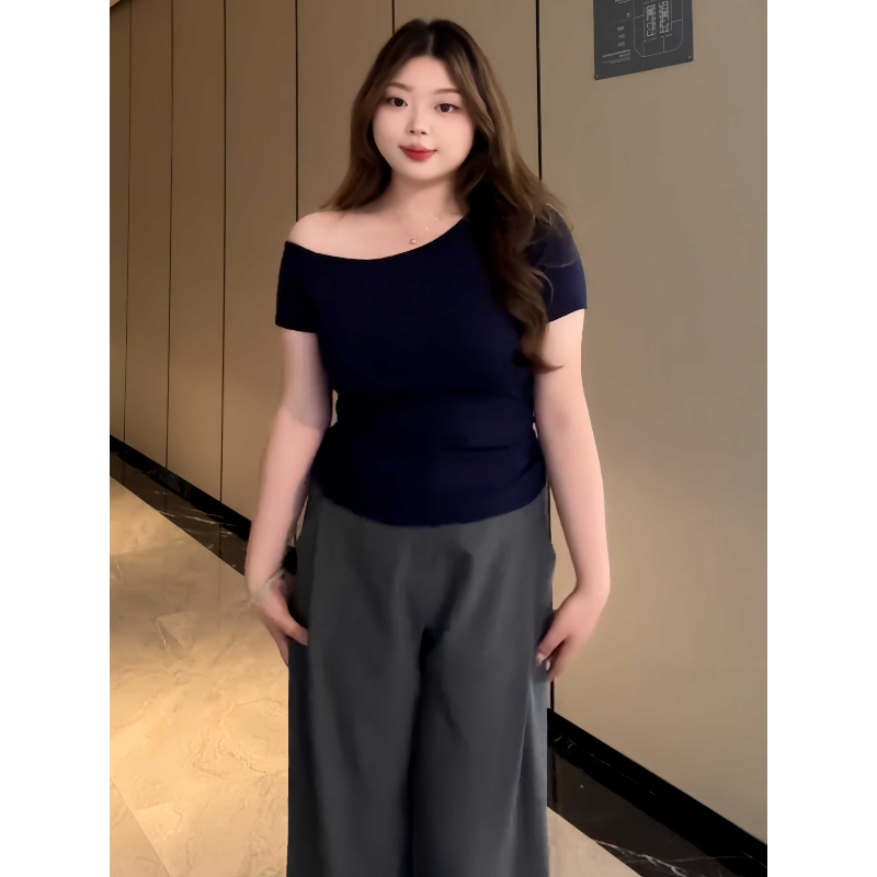 大码微胖MM辣妹设计感露肩短袖t恤女2025夏季新款修身一字肩上衣