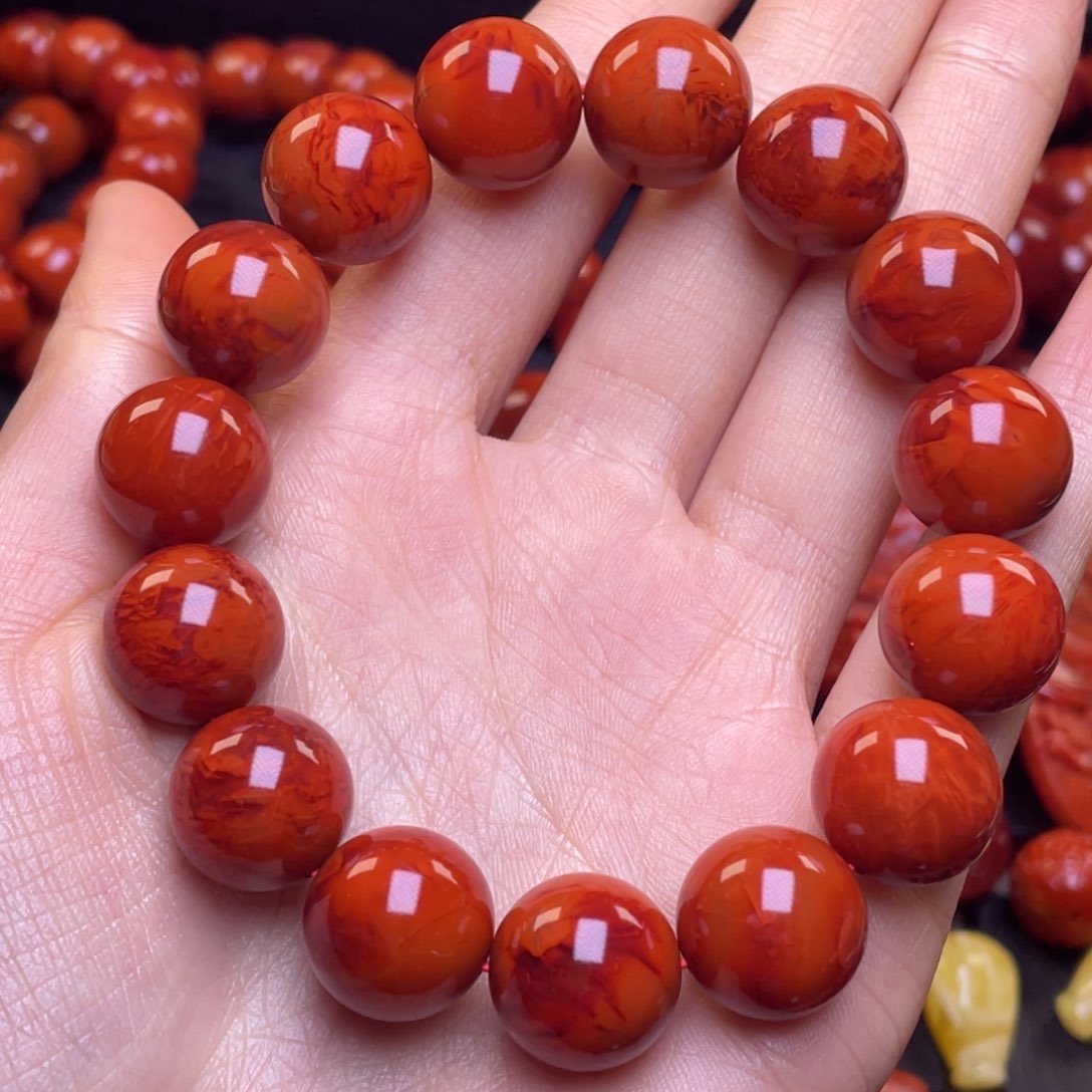 南红玛瑙其它未镶嵌AAAA14mm瓦西火焰纹满肉圆珠手串