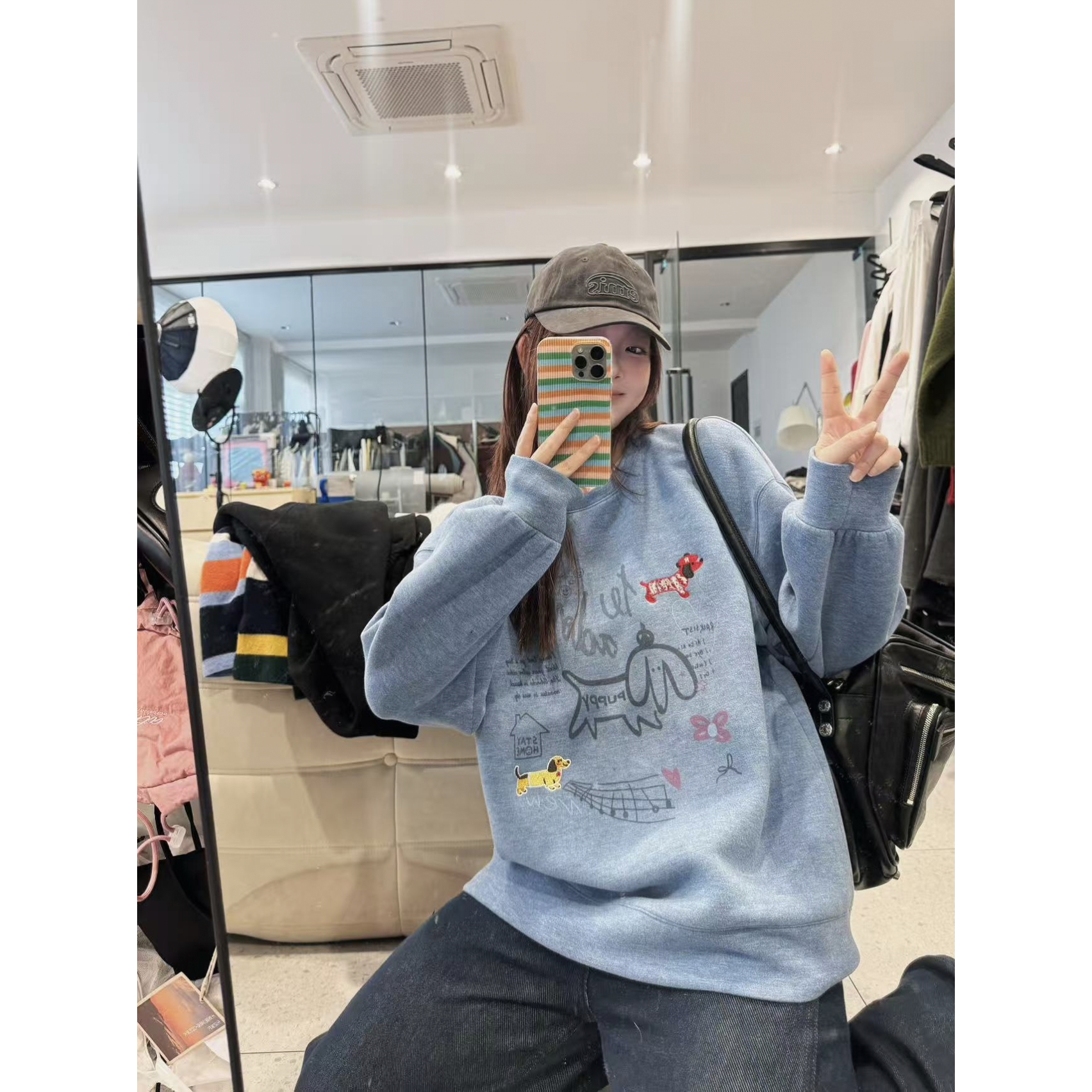 晶咕【穿毛衣的腊肠狗！】冬季软糯感小狗刺绣图案圆领卫衣