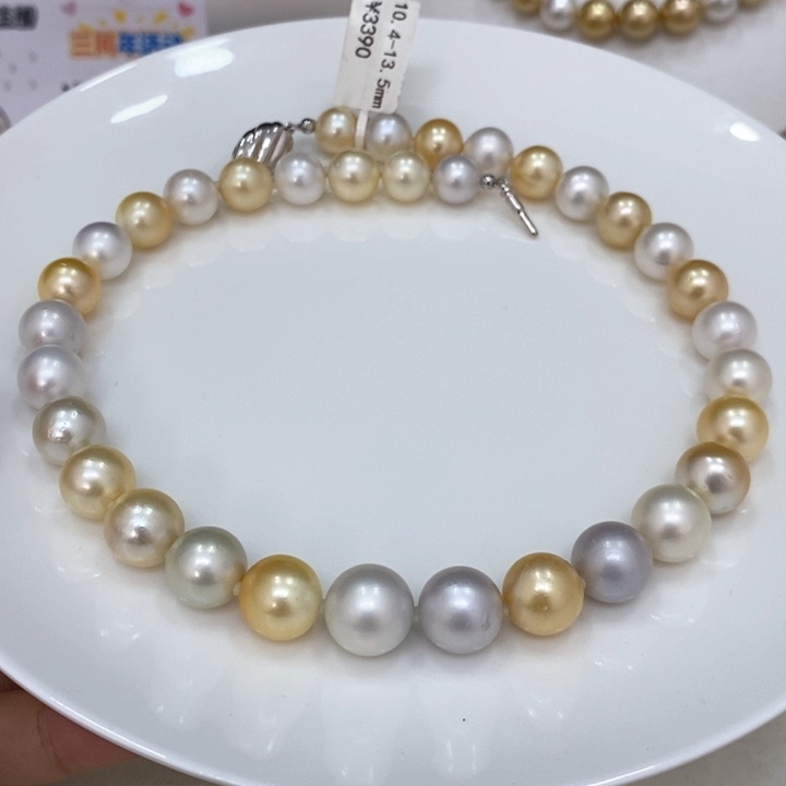 未镶嵌颈饰海水珍珠夏**天金白混彩项链10.4-13.5华