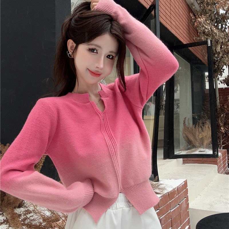 其他100%渐变色V领毛衣女秋冬新款设计感小众针织衫高腰显瘦短款