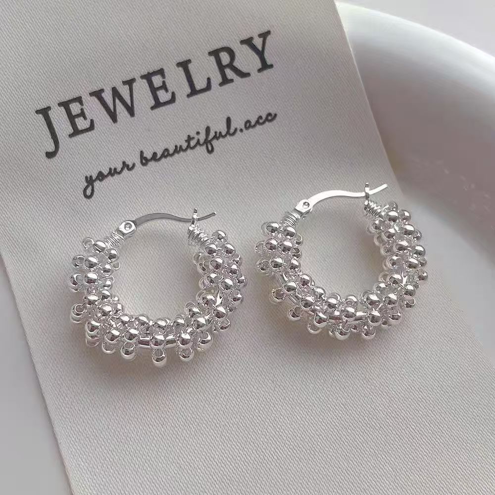 足银耳饰 990新款时尚重工串珠葡萄耳扣