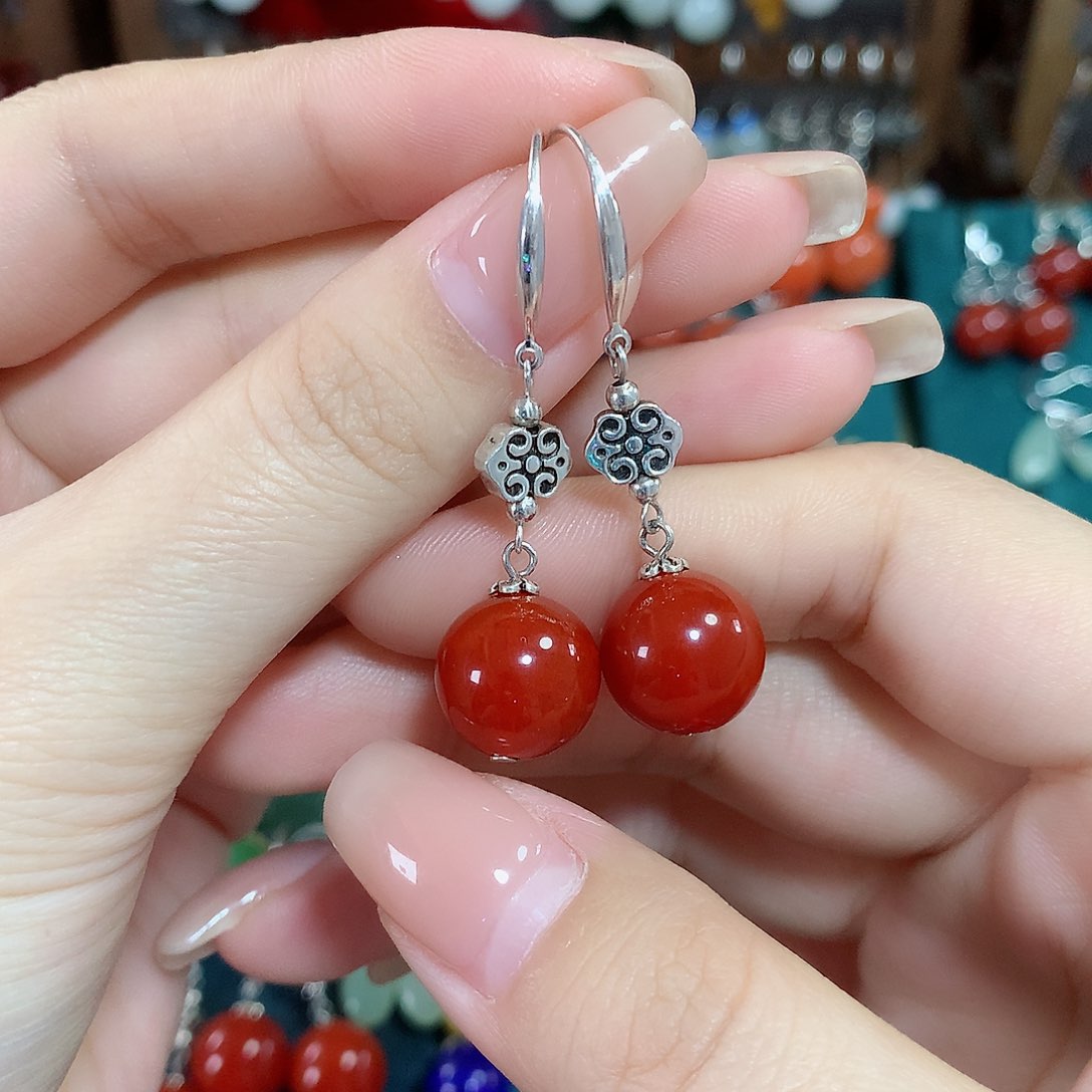 玛瑙/玉髓耳饰银S925镶嵌天然红玛瑙12mm左右（锦红）