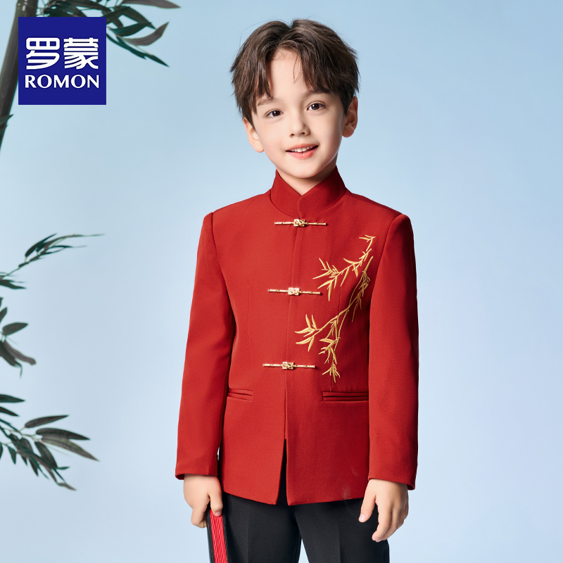 罗蒙儿童西装套装男童中山装2025新款国风男孩红色主持人演出礼服