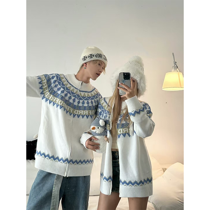 美式复古费尔岛毛衣外套男女秋冬季宽松慵懒风小众设计感针织开衫