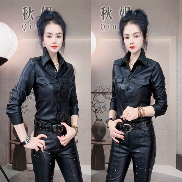 秋姐穿搭-#568新款时尚百搭蛋白皮抓绒衬衫