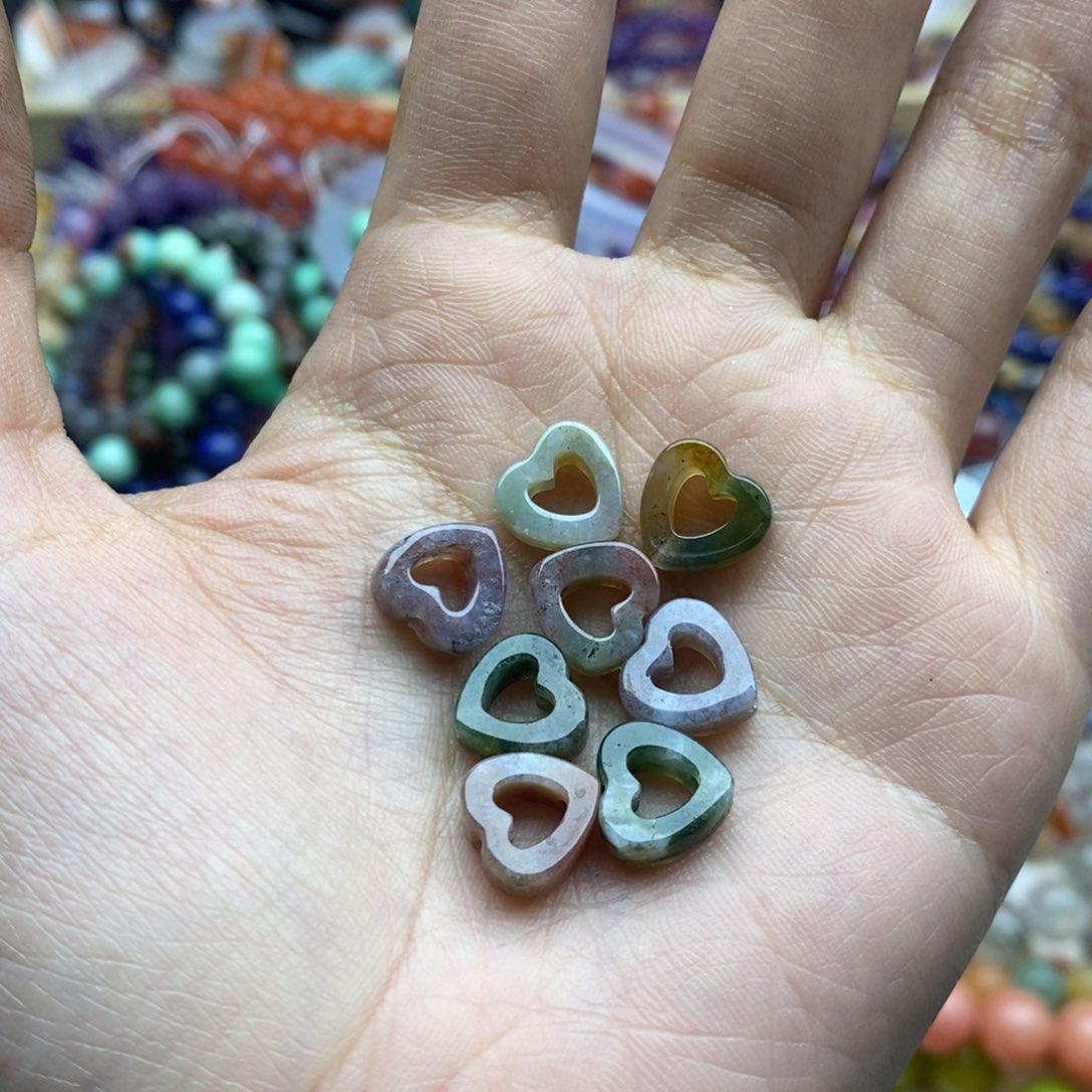 玛瑙/玉髓未镶嵌珠宝半成品四个装纯天然水草玛瑙镂空爱心10mm